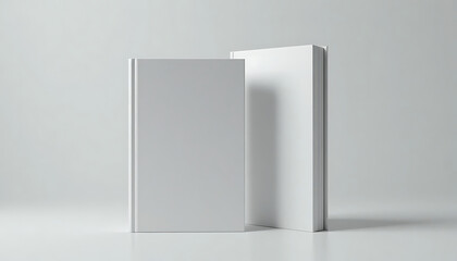 Two blank white hardcover books on a white surface