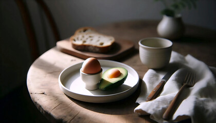 A minimalist breakfast table setting, Ai generated image