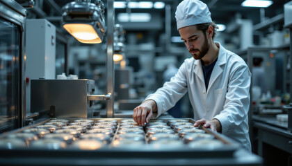 Young male chef in white uniform and hat carefully preparing desserts in modern industrial kitchen, focused and professional atmosphere, stainless steel equipment visible