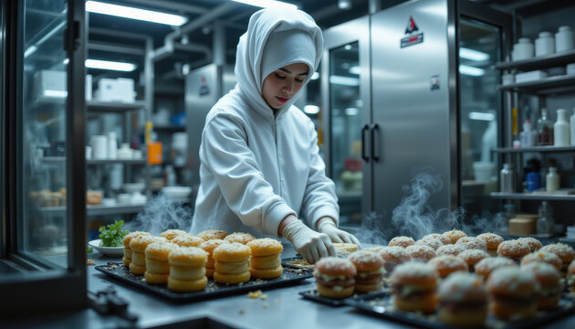 Muslim woman chef preparing fresh burgers in modern commercial kitchen, wearing white hijab and gloves, surrounded by steaming food, focused and professional atmosphere