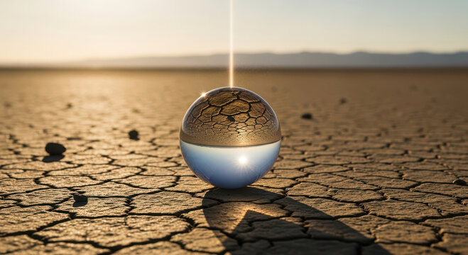 Illuminated acorn rises from cracked earth