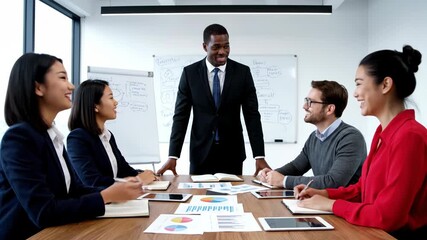 Confident african american businessman leading a meeting with diverse colleagues in a modern office space - Powered by Adobe