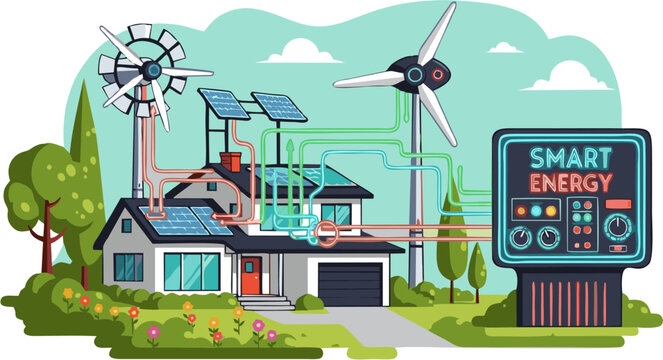 Innovative smart energy solutions powering a modern home with solar panels and wind turbines