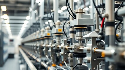 Industrial machinery components in a clean metallic setting, showcasing automated assembly line details.