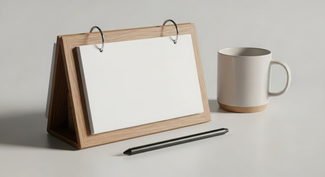 Blank desk calendar with mug and pen mockup