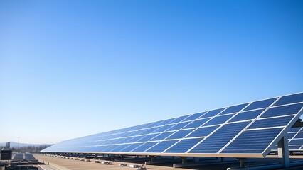 Rooftop solar panels under a clear blue sky with an industrial landscape in soft focus.