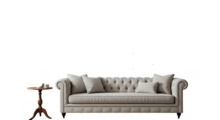 Elegant tufted sofa with accent table mockup transparent background