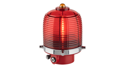 Close up of a red aviation obstruction light with a chrome base on a black background studio shot