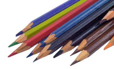 Isolated many vintage colored pencils on a white background, side view	