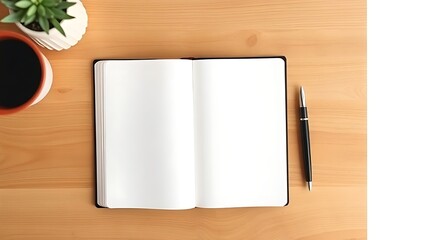 A minimalist wooden desk holds an open notebook and fountain pen, bathed in soft overhead light.