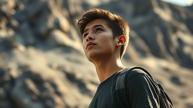 A young man gazes upward at a mountain, his resolve highlighted by dramatic lighting against a rocky backdrop.