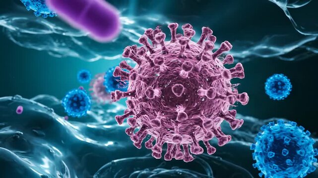 virus and bacterium float through mucus. spike particle drifts across medium. particle makes contact with surface. contact traces path. sequence maps pathogen motion. study maps patterns daily.