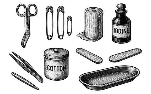 Vintage medical tools drawing with scissors, tweezers, bandages, and iodine bottle
