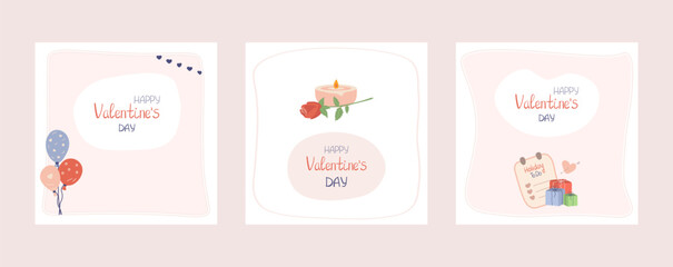 Set of square flat style templates Valentine's Day social media posts. Designs feature love symbols like balloons, rose flowers, heart with arrow, memo sticker To Do list, gift box, lit candle