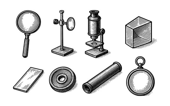 Vintage scientific equipment set: engraved microscope, magnifying glass, prism, and telescope