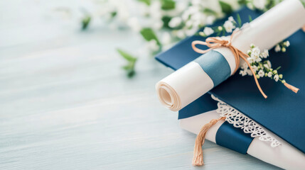 Elegant rolled diplomas and navy blue certificate holders adorned with delicate white flowers and ribbons, symbolizing graduation and academic achievement on bright, soft background.