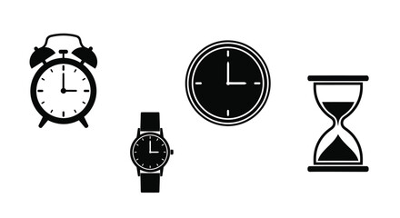Various timekeeping devices including alarm wall wrist and hourglass clocks