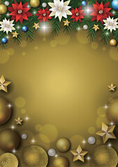 クリスマス背景、ボール、金、ポインセチア、モミの木、かわいい、イラスト、縦