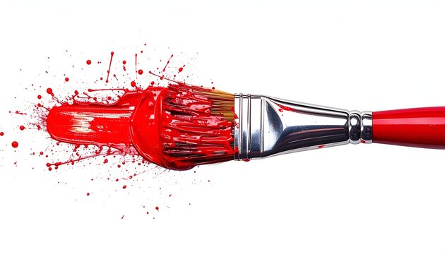 A paint brush loaded with bright red paint, creating splashes against a white background