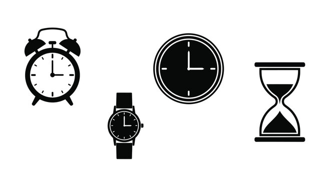 Various timekeeping devices including alarm wall wrist and hourglass clocks