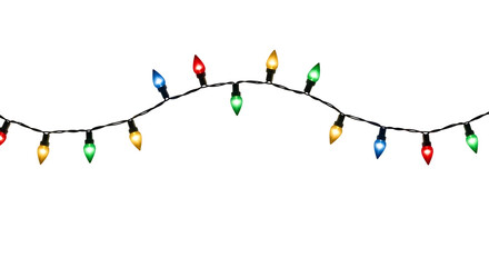 A string of colorful christmas lights glowing brightly in the dark isolated on transparent background