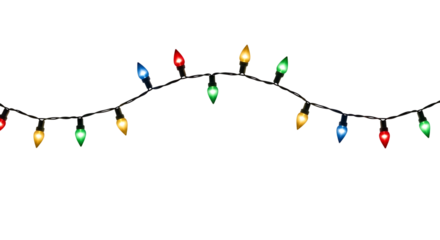 A string of colorful christmas lights glowing brightly in the dark isolated on transparent background
