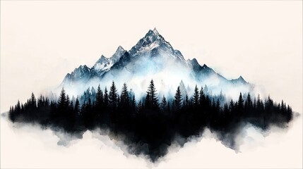 A majestic mountain range with snow-dusted peaks emerges from a dense, dark pine forest shrouded in atmospheric mist.