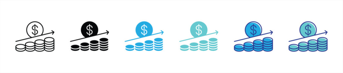 rising coin profit growth icon. stacked money coin with upward trend arrow, financial earning increase symbol, revenue boost illustration, investment return. vector illustration