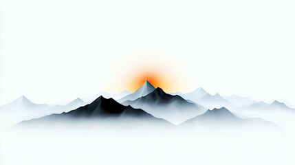 A serene landscape of layered, misty mountain peaks bathed in the soft glow of a rising sun.