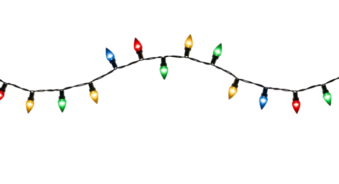 A string of colorful christmas lights glowing brightly in the dark isolated on transparent background