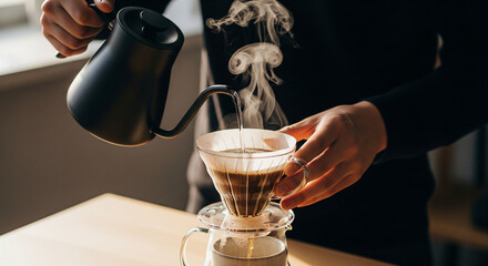 Hands pouring hot water into coffee dripper, faceless, sharp focus, lifestyle gesture, authentic brewing moment.