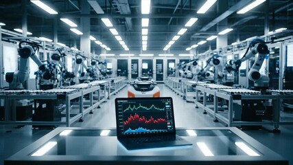 Robot operates on assembly line. Autonomous agv transports components through factory. Robotic arm works with conveyor and manufacturing cells. Laptop shows analytics and data charts for production. - Powered by Adobe