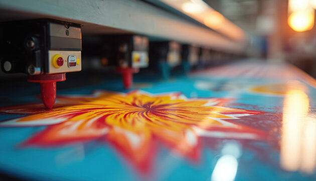 Close-up of digital printer heads creating colorful graphic design on film. Inkjet machine works on DTF printing process for apparel. Industrial production line moves forward.