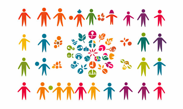 Colorful diverse people icons arranged in rows surrounding circular group of eco friendly environment and teamwork symbols flat vector illustration