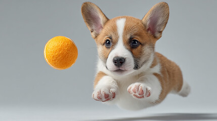 A playful puppy in mid-air jumping to catch an orange ball against a simple light background