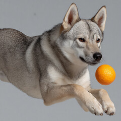 A playful puppy in mid-air jumping to catch an orange ball against a simple light background