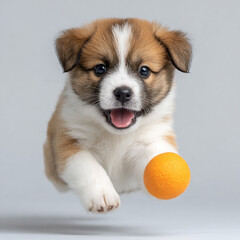A playful puppy in mid-air jumping to catch an orange ball against a simple light background