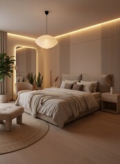Japandi bedroom interior, cozy warm lighting, beige palette, clean lines.