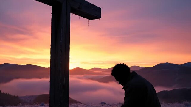 Person kneel beside cross on mountain at sunrise. Bootprint rests on snow and rock in foreground. Fog drifts across valley. Silhouette faces sky. Cross towers against sunrise. Person kneel near cross.