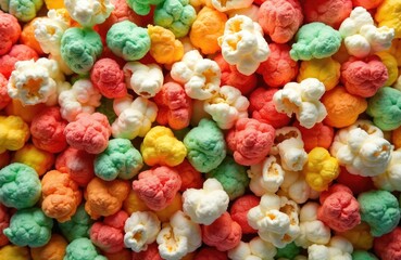 Colorful popcorn pieces are piled up. Mixed sweet kernels with bright red, orange, yellow, green, and white colors. Tasty snack background for parties, movies, and celebrations. Fun, sugary treats.