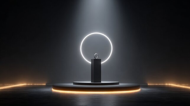 Modern product display podium with glowing neon ring light on dark background for futuristic branding mockup cosmetic packaging showcase and technology gadgets advertising - Powered by Adobe