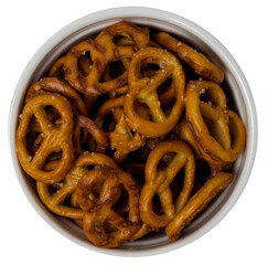 Isolated saucer with pretzels on a white background, top view