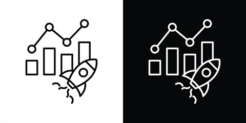 rocket boost analytics thin line icon. dynamic growth chart with launch symbol representing business acceleration, data performance, startup expansion, profit increase, and market breakthrough.
