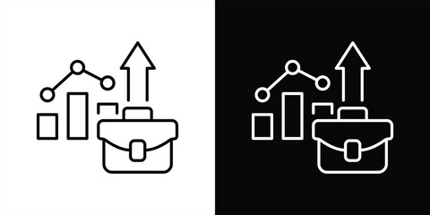 business growth portfolio thin line icon. briefcase with analytics chart, rising arrow, market trend line, and profit bars representing revenue increase, investment success. vector illustration