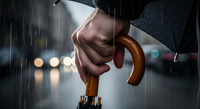 Close-up of hand gripping umbrella handle in rain, faceless, sharp focus, authentic seasonal gesture. - Powered by Adobe