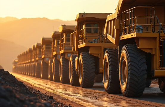 Giant yellow mining trucks stand in a long line on a dirt road. The heavy machinery awaits loading with ore. Mountains are visible in the background during sunset.