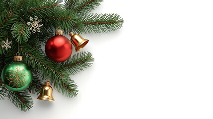 Fototapeta premium A realistic Christmas tree branch decorated with red and green ornaments, golden bells, and delicate snowflakes against a clean white background, creating a warm festive aesthetic.