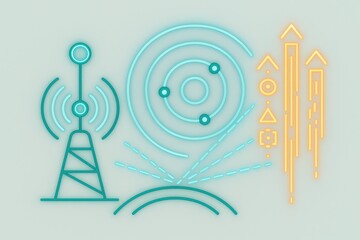 Abstract representation of telecommunications technology featuring radio tower signals geometric patterns and luminous lines illustrating digital connectivity and innovation