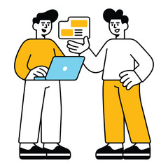 Black and yellow cartoon illustration of two business professionals collaborating, sharing digital information via a laptop and document, highlighting effective teamwork