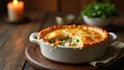 Warm chicken pot pie with golden crust served in white dish. Filled with chicken pieces peas carrots creamy sauce. Rustic wood table setting candle lit.